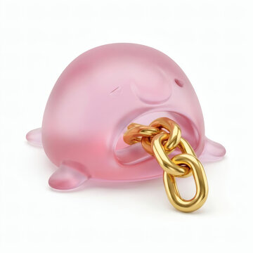Sad pink blobfish vinyl toy made of translucent jelly material with a heavy golden chain in its mouth, funny depressed sea creature character, wealth and workplace burnout concept, 3D render, generati