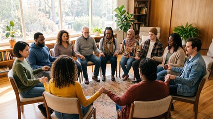 Obraz premium Diverse group of people holding hands in a circle during a support group meeting or therapy session