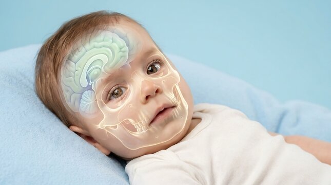 Medical illustration of an infant lying down with a digital overlay showing brain and skull anatomy for pediatric neurology