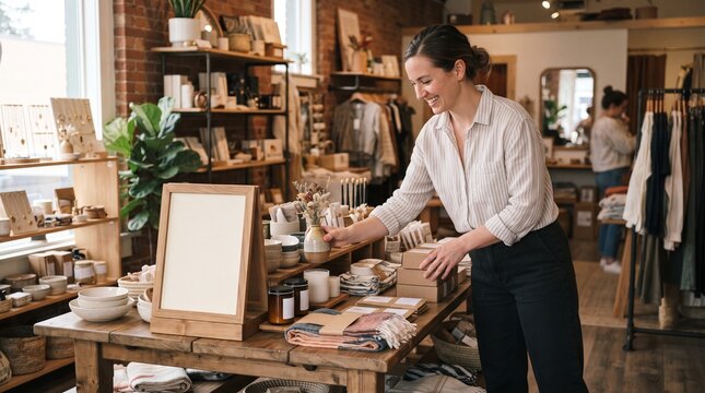 Smiling shop owner arranging merchandise in a boutique store with rustic decor