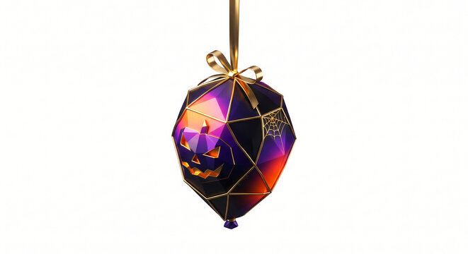 3D Isometric Faceted Geometric Balloon, Low-Poly Polyhedral Balloon Object with Gold Ribbon String