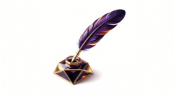 3D Isometric Feather Quill Pen and Inkwell, Luxury Purple Feather Quill Pen Resting in Gold Inkwell Plate