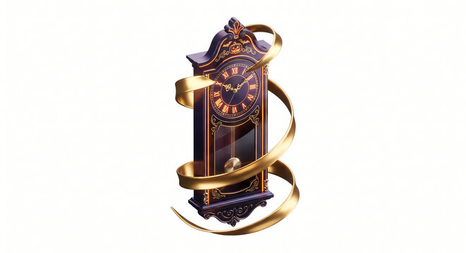 3D Isometric Ribbon Bound Pendulum Clock, Vertical Pendulum Clock Wrapped in Liquid Gold Metal Ribbon.