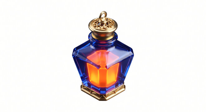 3D Isometric Sapphire Glass Ink Bottle, Translucent Sapphire Glass Ink Bottle with Glowing Orange Liquid