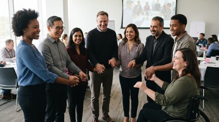 Obraz premium Diverse group of professionals holding hands in a circle during a team building workshop