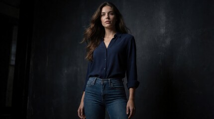 Fototapeta premium Stylish Woman in Jeans and Shirt Fashion Portrait