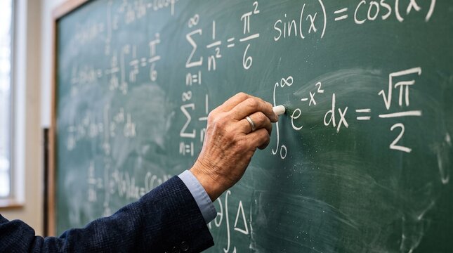 Professor writing complex mathematical formulas on a green chalkboard with chalk