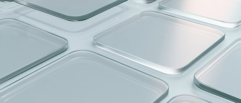 Clear glass rectangles arranged on a flat surface in a well-lit environment during daylight hours