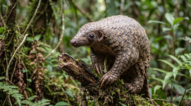 Pangolin in natural rainforest habitat on a tree branch