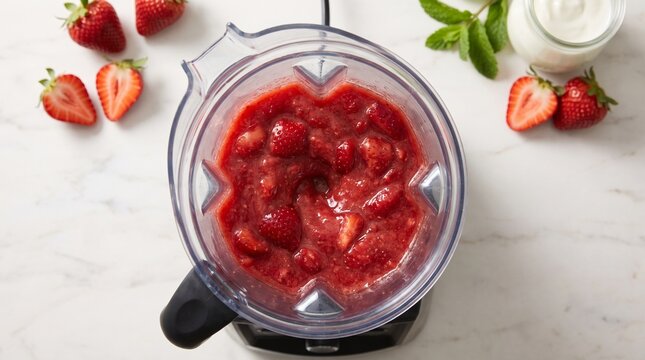 Strawberry smoothie blending inside a glass blender jar from top view on warm background