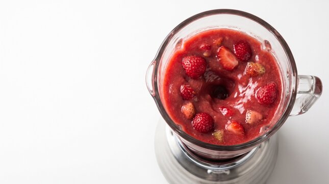 High-speed blender mixing strawberry smoothie top view on white background