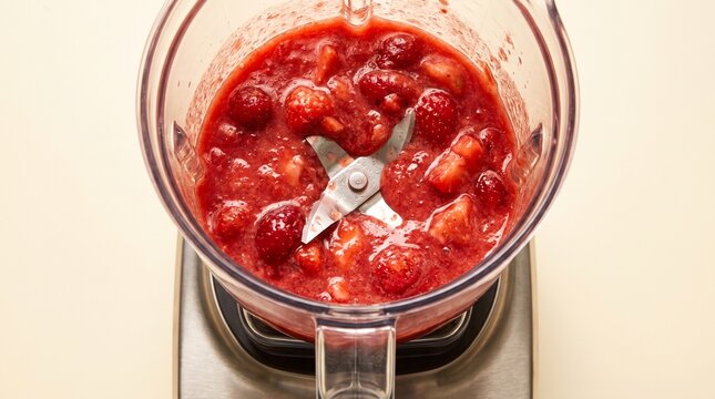 Strawberry smoothie blending inside a glass blender jar from top view on warm background