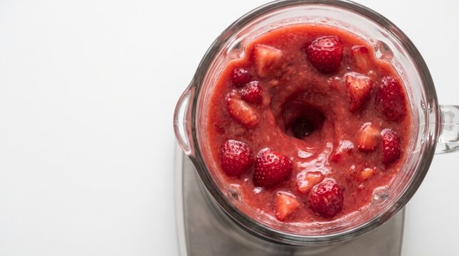 High-speed blender mixing strawberry smoothie top view on white background