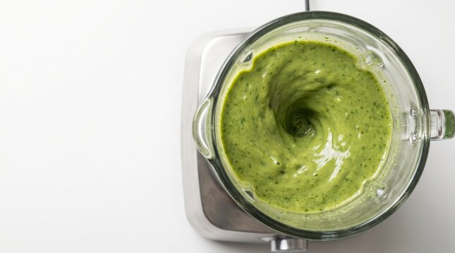 High-speed blender mixing vibrant green smoothie top view on white background