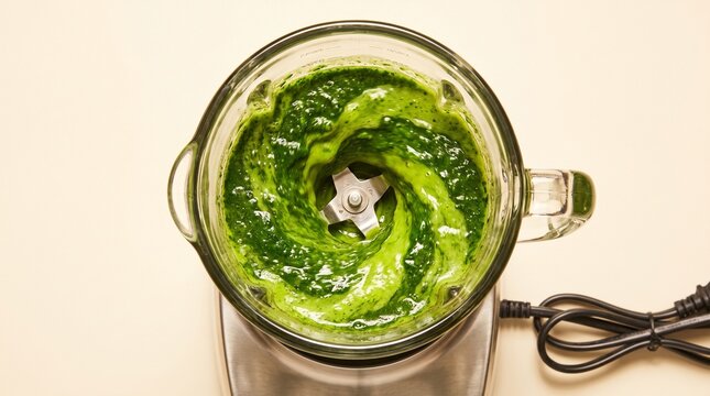 Green smoothie blending inside a glass blender jar from top view on warm background