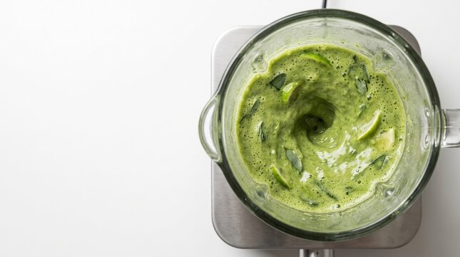 High-speed blender mixing vibrant green smoothie top view on white background