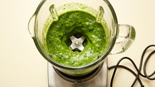 Green smoothie blending inside a glass blender jar from top view on warm background