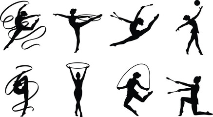 Rhythmic Gymnastics Female Athlete Silhouettes Set with Ribbon Hoop Clubs Ball and Rope © Mst