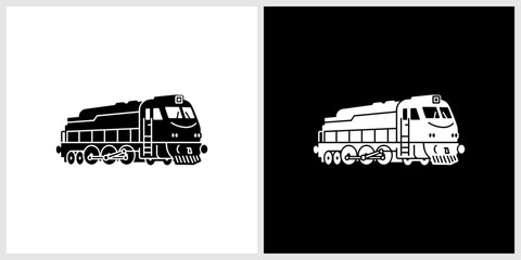 Modern Train Engine Icon in Black and White Monochrome Style © nizar