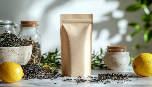 Blank kraft paper pouch mockup for tea packaging