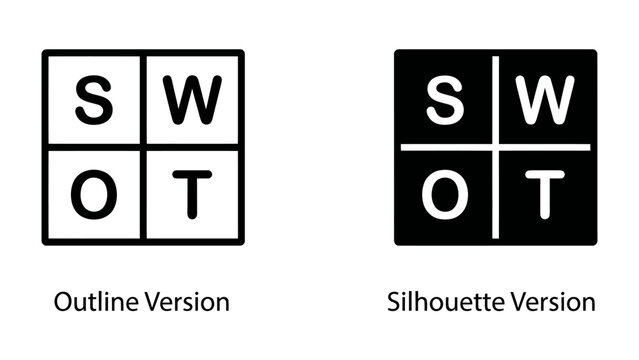 SWOT Analysis Icons: A clear comparison between the outline and silhouette versions of the SWOT analysis matrix, representing Strengths, Weaknesses, Opportunities, and Threats.