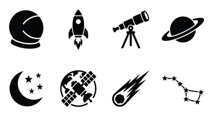 Space exploration icon set featuring astronaut helmet rocket telescope planet moon satellite meteor and constellation vectors © RATANCHANDRA