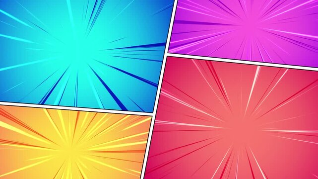 Seamless Loop Animated Comic Book Action Background with Colorful Radial Speed Lines and Energy Burst