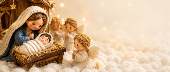 Fototapeta premium Nativity scene with adorable felted figures of baby jesus, mary, and angels on soft clouds with golden bokeh lights, offering a heartwarming christmas and religious greeting card banner format