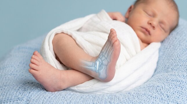 Medical illustration of a sleeping newborn infant with a digital X-ray overlay showing foot and ankle bone structure