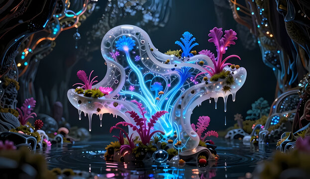 Surreal bioluminescent alien plant structure with glowing blue and pink coral flora in dark underwater cave, 3D digital illustration