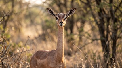 Gerenuk antelope standing alert in African savanna landscape © Suparjo