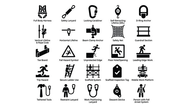 Industrial fall protection safety equipment icon set featuring full body harness lanyard carabiner self retracting lifeline d-ring anchor and guardrail section.