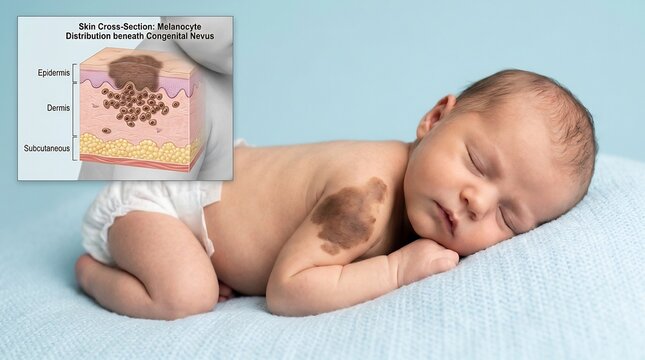 Sleeping newborn baby with a large brown birthmark on the shoulder featuring a medical diagram of skin cross section anatomy