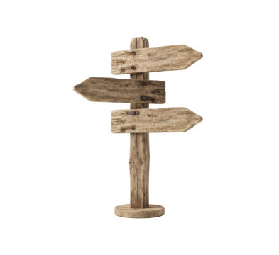 Rustic wooden directional signpost with three arrows, weathered timber guide post for navigation, vintage brown wood sign for travel and hiking trails isolated on Transparent Background