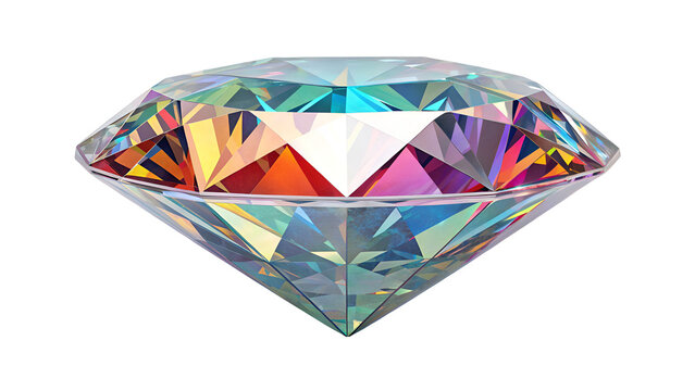 Radiant faceted gemstone reflecting prismatic colors with sharp facets and clean edges isolated on transparent background