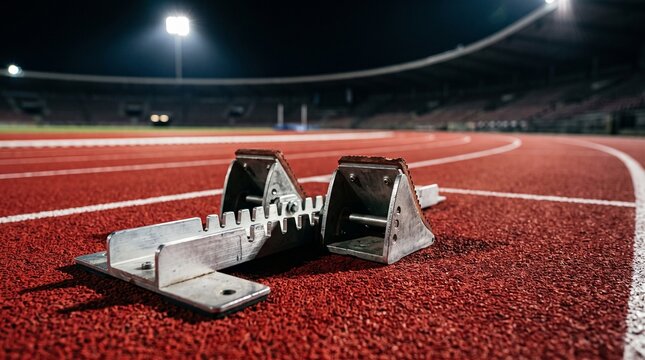 Starting blocks sit on the red running track lane inside a large stadium at night illuminated by bright floodlights before an athletic sprint competition begins under the stadium lights at
