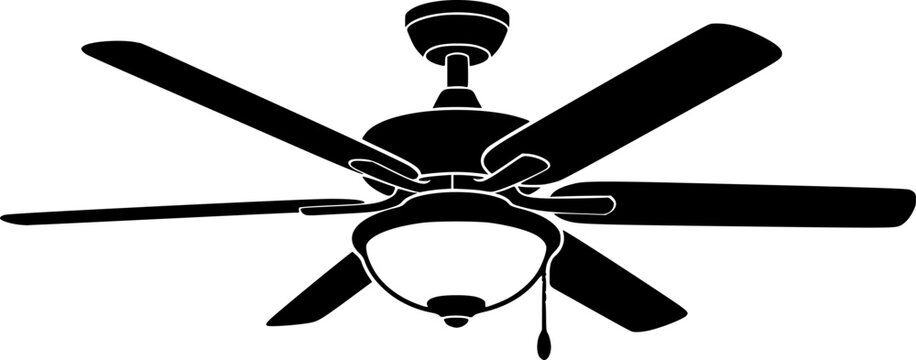 Modern ceiling fan with five black blades and integrated light in flat vector silhouette style isolated on white background
