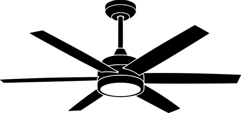 Modern ceiling fan with five black blades and integrated light in flat vector silhouette style isolated on white background
