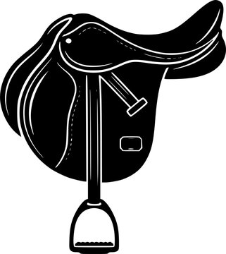 Black flat vector saddle illustration with stirrup detail for equestrian branding and horse riding graphic design isolated on white background
