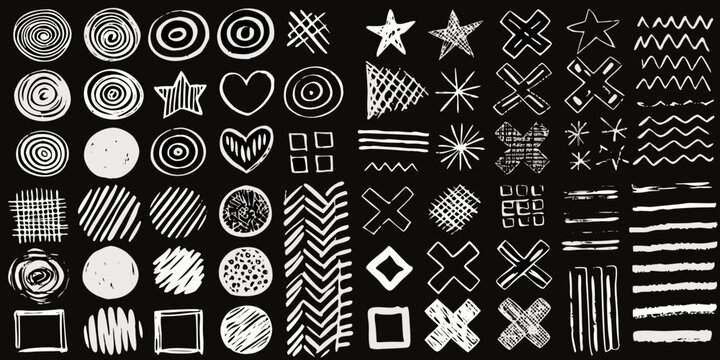 White Chalk Doodle Collection Hand Drawn Vector Illustration On Black Background