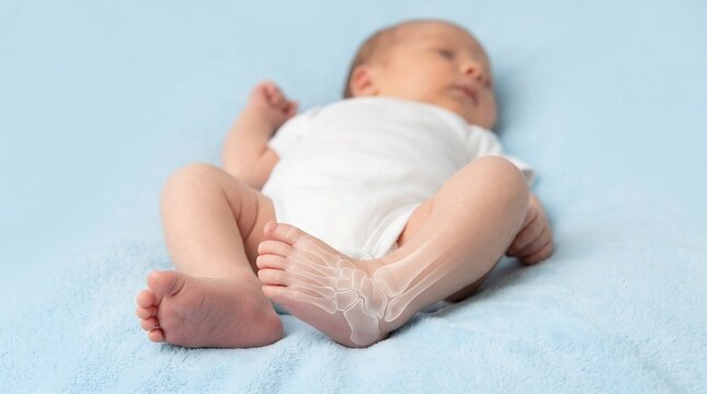 Newborn baby lying on light blue fabric with a digital skeletal overlay highlighting a congenital foot deformity for medical illustration