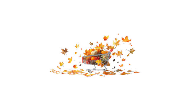 Metal shopping cart filled with seasonal autumn produce surrounded by falling orange maple leaves with encircled floating autumn leaves against clean white background