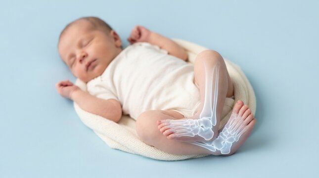 Newborn baby sleeping with a medical X-ray overlay showing congenital clubfoot deformity in the feet