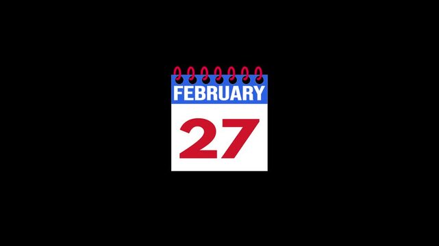 Daily Calendar Page Flip Animation from february 26 to february 27 with Page Turn Transition on Black Background. Day to day. date change concept
