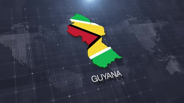 Guyana map with national flag on digital world map background, geographic border, global political and international news concept