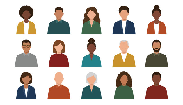 Diverse group of faceless human figures flat vector illustration with solid color backgrounds on a white setting avatar people person