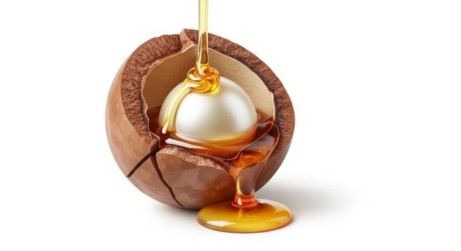 A cracked macadamia nut shell reveals a glowing white pearl inside, while thick golden honey flows over the surface on a white background, luminous, gourmet, golden