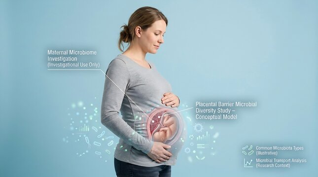 Medical illustration of a pregnant woman with a conceptual diagram showing fetal development and maternal microbiome research