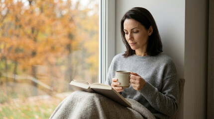 Thoughtful woman reading book with coffee near window during peaceful autumn afternoon