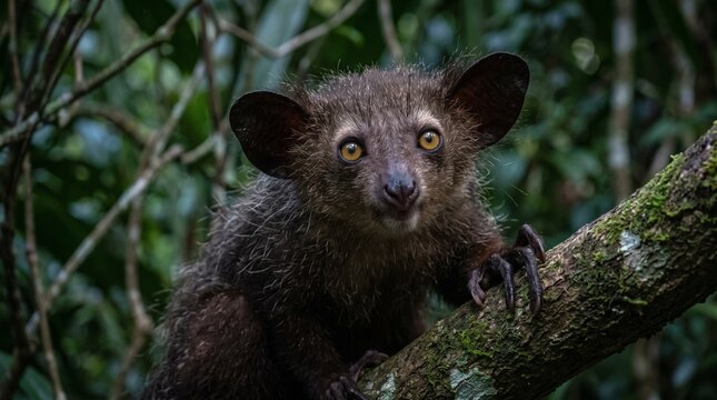Aye-aye lemur perched on a tree branch in dense forest